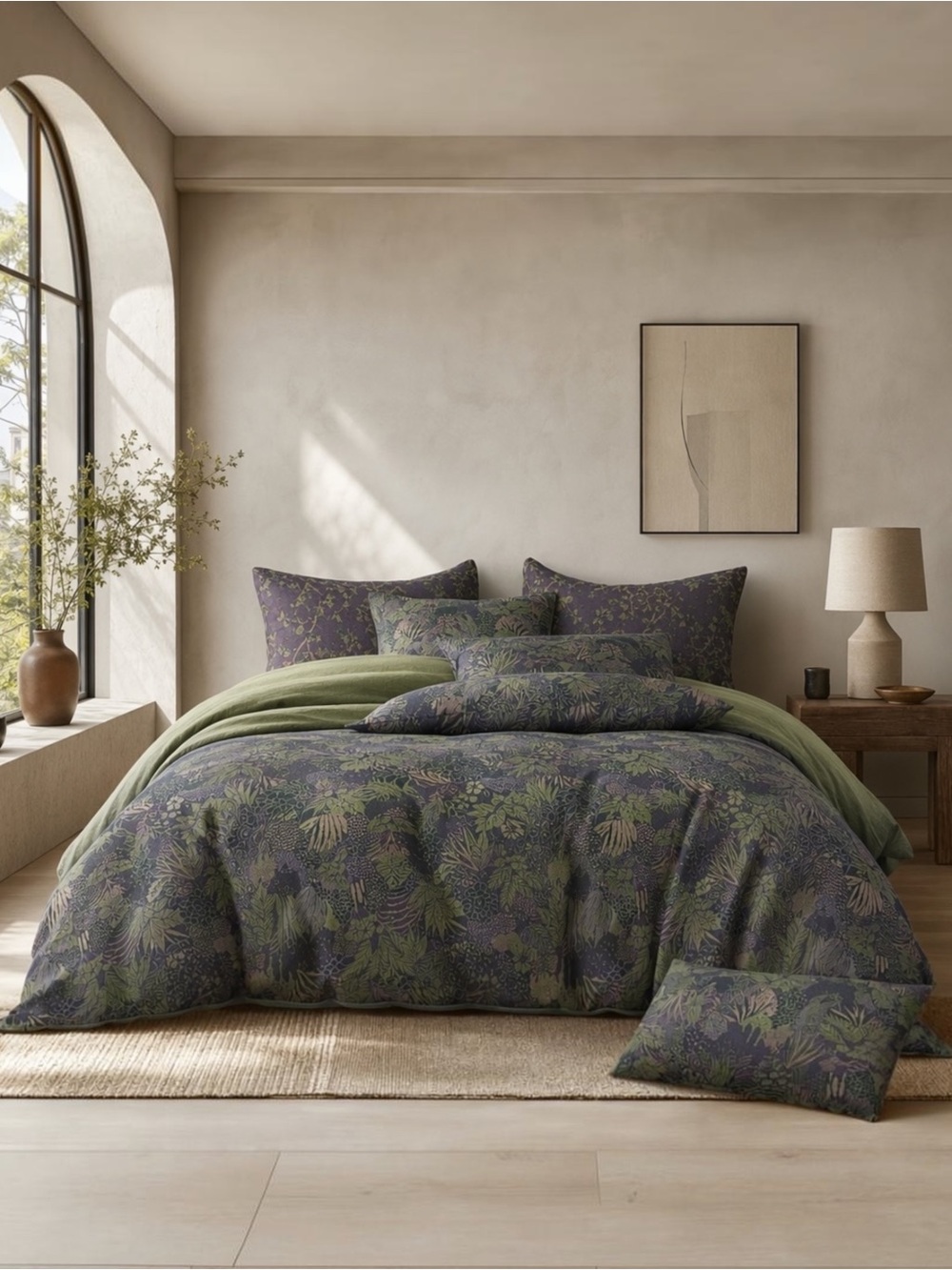 NEW Anthropologie Green Purple Floral Muslin Queen / King Bedding Duvet Sham Set